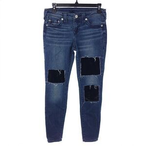 True Religion Super Skinny Halle Velvet Backed Rips Womens Size 27 Blue Jeans